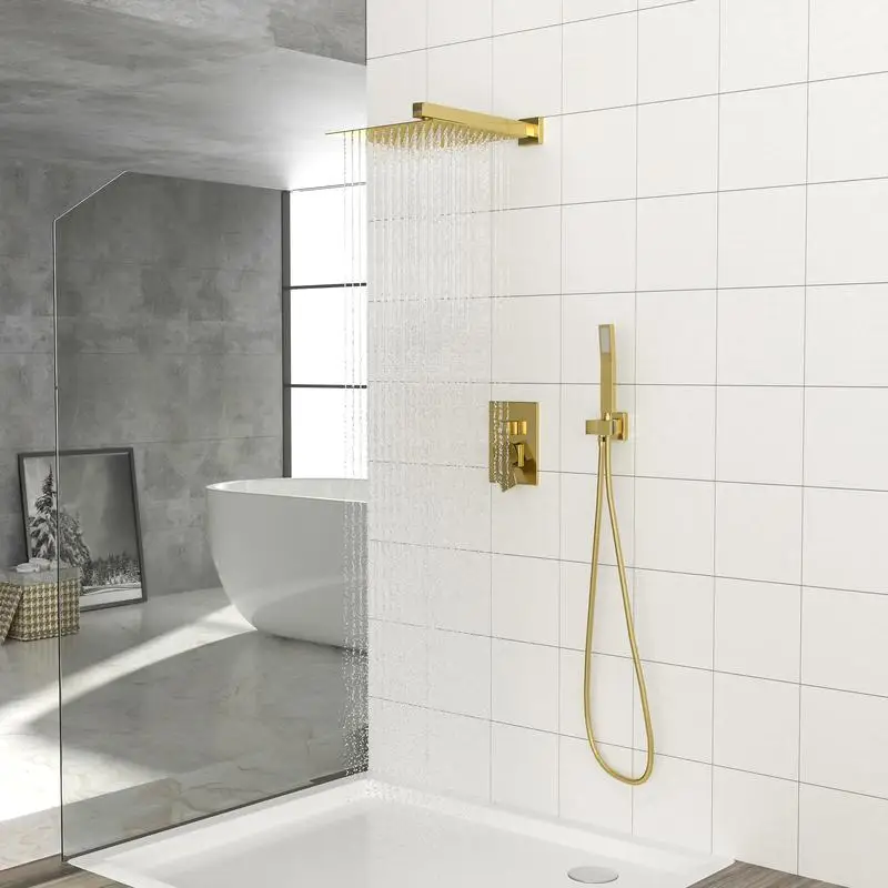

12-Inch Wall-Mount Dual Showerhead System with Rough-In Valve, Gold Finish