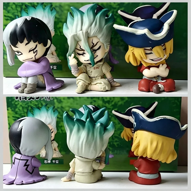 3pcs/Set Dr.Stone Shoulder Rest Sleeping Figure Q Version Mini Anime Doll Senku Gen Ryusui Car Desktop Ornament Capsule Toy Gift