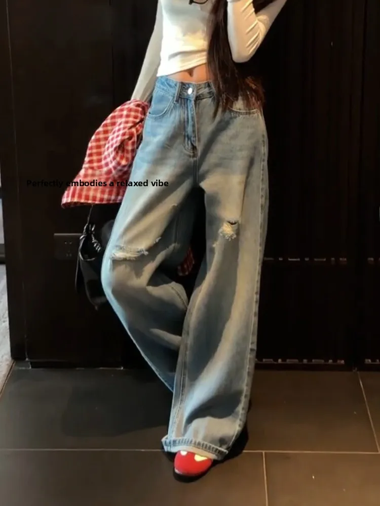 Loose Lazy American Style Hot Girl Jeans Women's Autumn New Retro Weathered Long Pants Floor-Length Cuffed Natural Waist