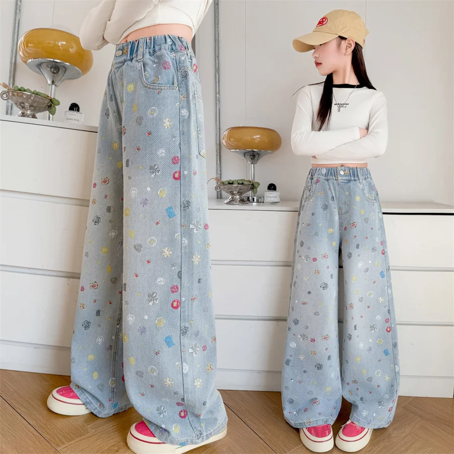 

2026 Spring Children Stylish Straight Jeans with Drawings for Teen Girls New Designer Denim Pants Kids Casual Trousers Age 5-14Y