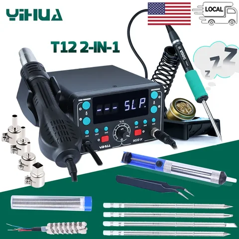 775W YIHUA T12 Soldering Station Kit LCD Soldering Iron Rapid Heating SMD BGA Repair Tools Hot Air 2-IN-1 902D-IV Rework Station