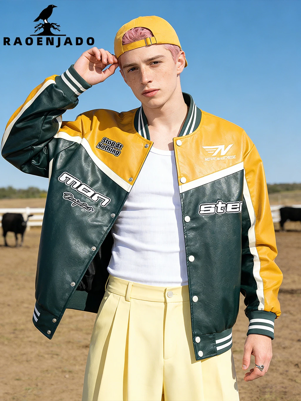 

Men's PU Faux Leather Jacket Unisex Varsity Baseball Coat Motorcycle Letter Embroidery Outerwear Vintage Colorblock Streetwear