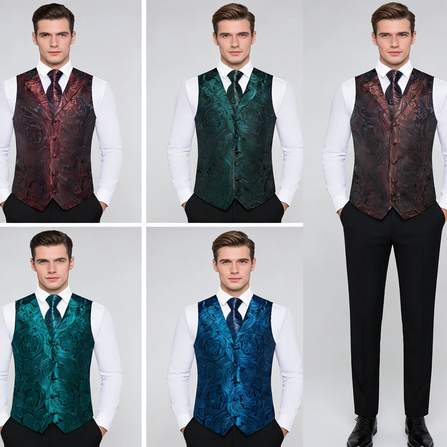 

Мужской комплект: жилет и галстук с узором пейсли – формальный жилет с галстуком и нагрудным платком, идеально подходит для свадеб и деловых мероприятий.