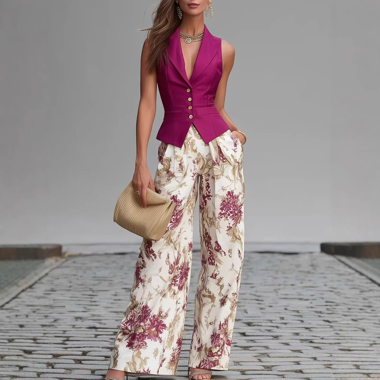

Summer European Style Elegant Temperament Button Top+slimming Wide Leg Pants Two-piece Set