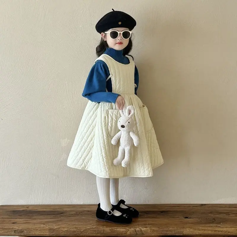 Girls' Winter Dress, Autumn-Winter Sleeveless Quilted Cotton Tie-Waist Dress, Thickened Warm Padded Solid Color Tank Dress