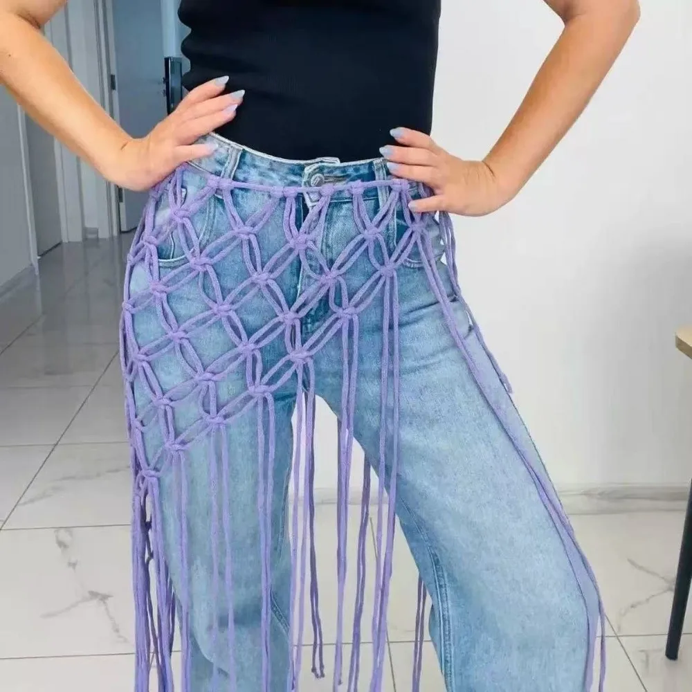 Bohemian Netted Fringe Waistband Decorative Tassel Ethnic Design Handwoven Bikini Cover Up Waist Wrap Women's Waist Accessory
