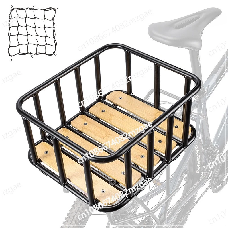 Bicycle Rear Basket Metal Wire Bike Basket with Wooden Bottom Thickened Frame Durable Cycling Cargo Rack Accessory