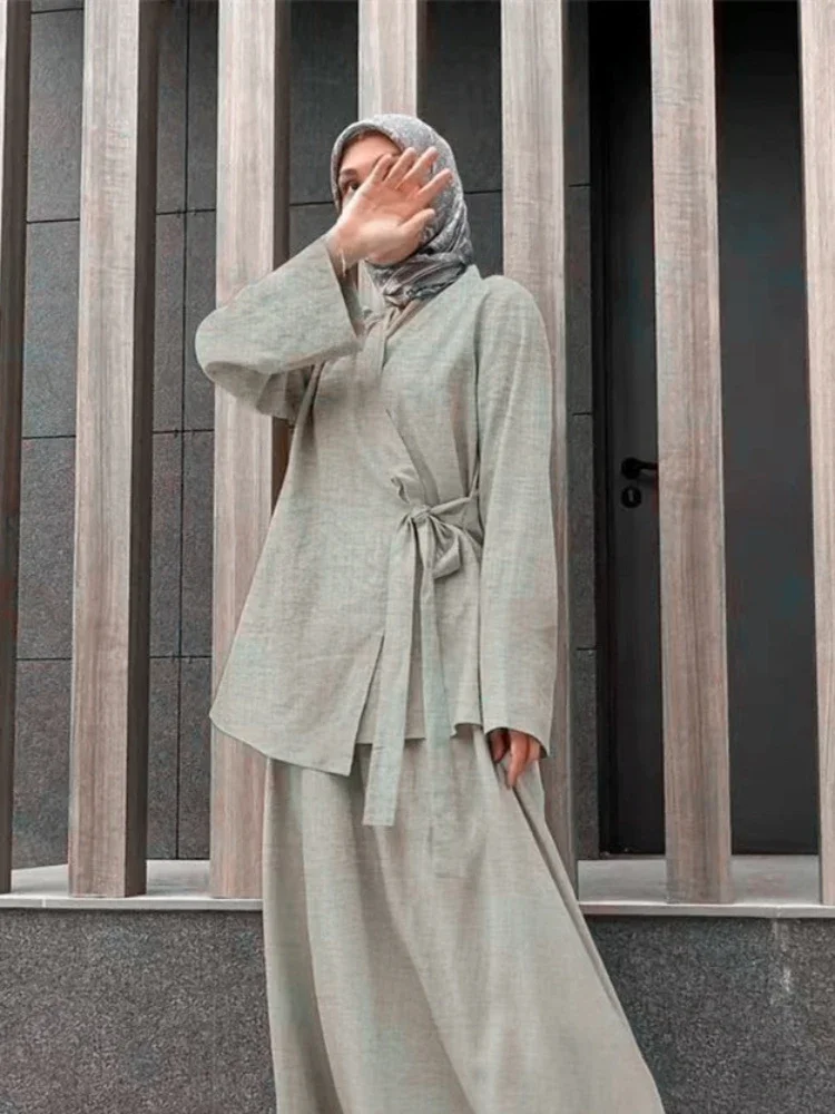 Ramadan Eid Two Piece Sets Shirt &Pants Women Muslim Suits Shirt Blouse Musulman Ensembles Moroccan Kaftan Islamic Outfit Sets