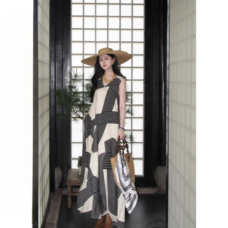 

Onepire Holiday Simple Loose Stripe Sleeveless Dress Vintage Preppy Style A-Line Skirt V-Neck Casual Travel Wear Women's Dress