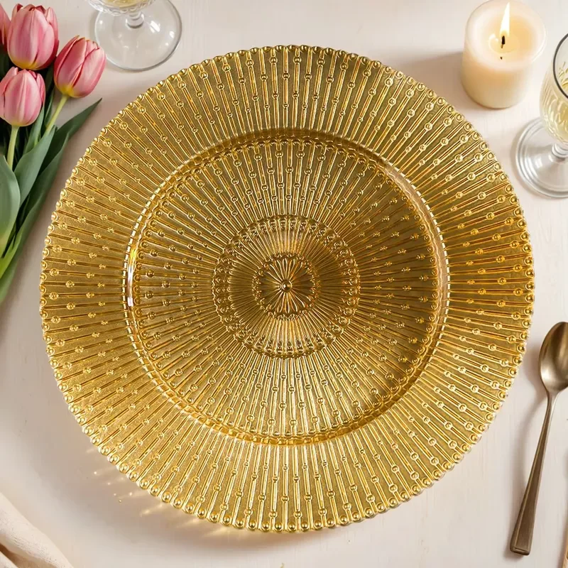 13 Inch Luxury Wedding Party Glass Charger Plate Decorative Crystal Dinner Plate with Gold Stripe Pattern for Home Decor