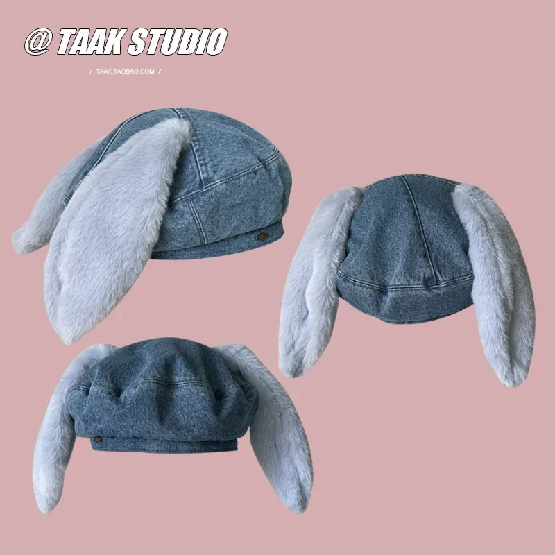 2023 Cute bunny ear berets for women denim painter hat women\'s autumn winter ins student cartoon newsboy hat new style