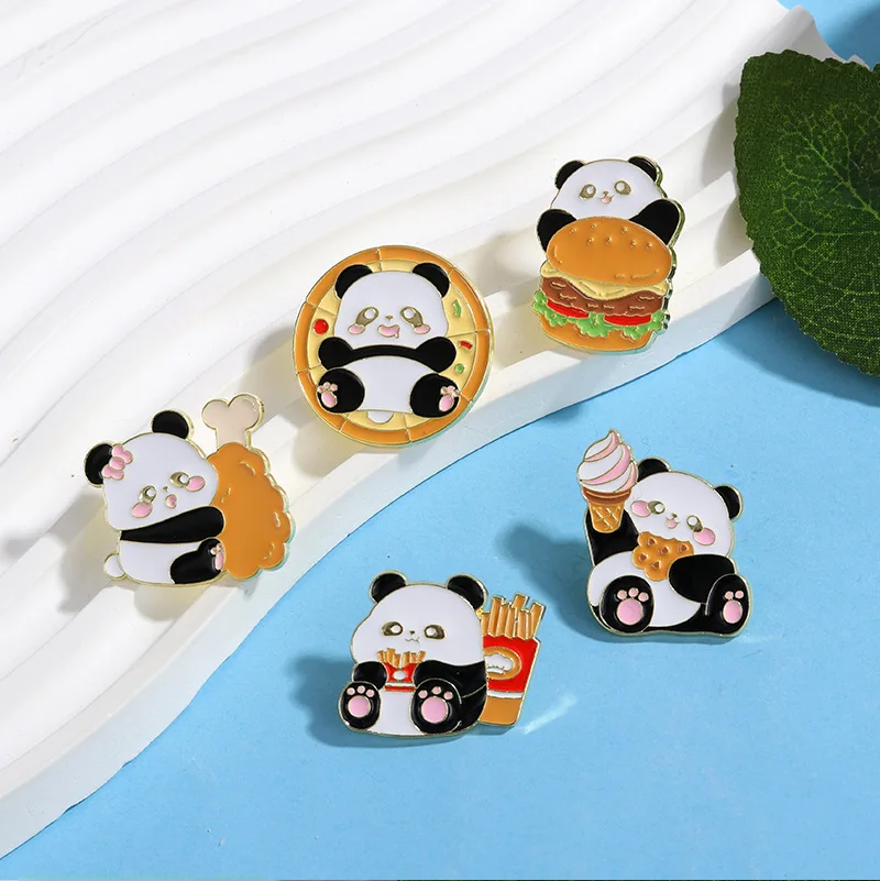 Cute Food Panda Enamel Brooch Lapel Pins Pizza Fries Ice Cream Burger Chicken Leg Cartoon Panda Metal Badge Jewelry Friend Gift