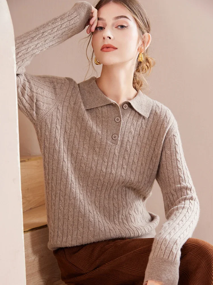 2024 Women Fall Winter Polo Collar Wool Cashmere Pullover Sweaters Allover Cable Winter Jumper High-end Knitted Tops