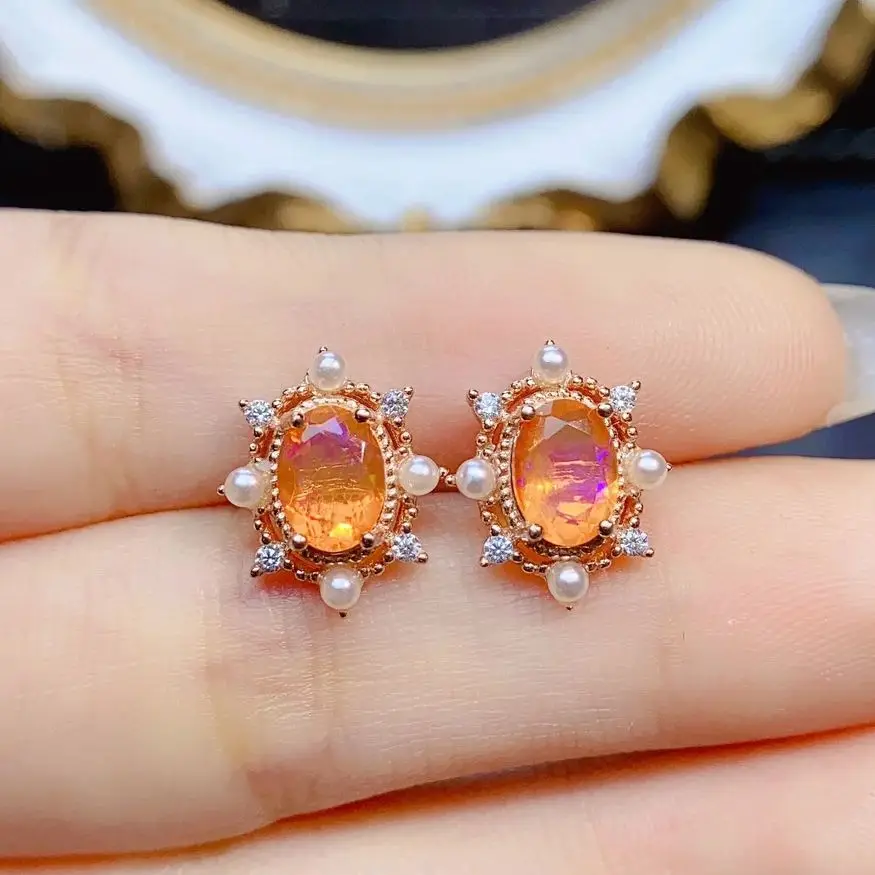 100% 925 Sterling Silver Natural Orange Fire Opal Earrings With Pearl Opal Earrings For Women Wedding Luxury Jewelry Gift