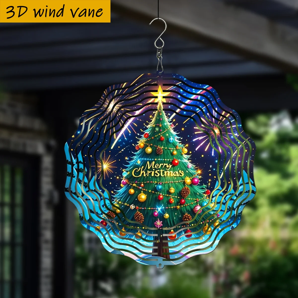 3D Rotating Christmas Tree Wind Spinner - 10 Inch Metal Decor with Bells Merry Christmas Indoor Outdoor Holiday Gift