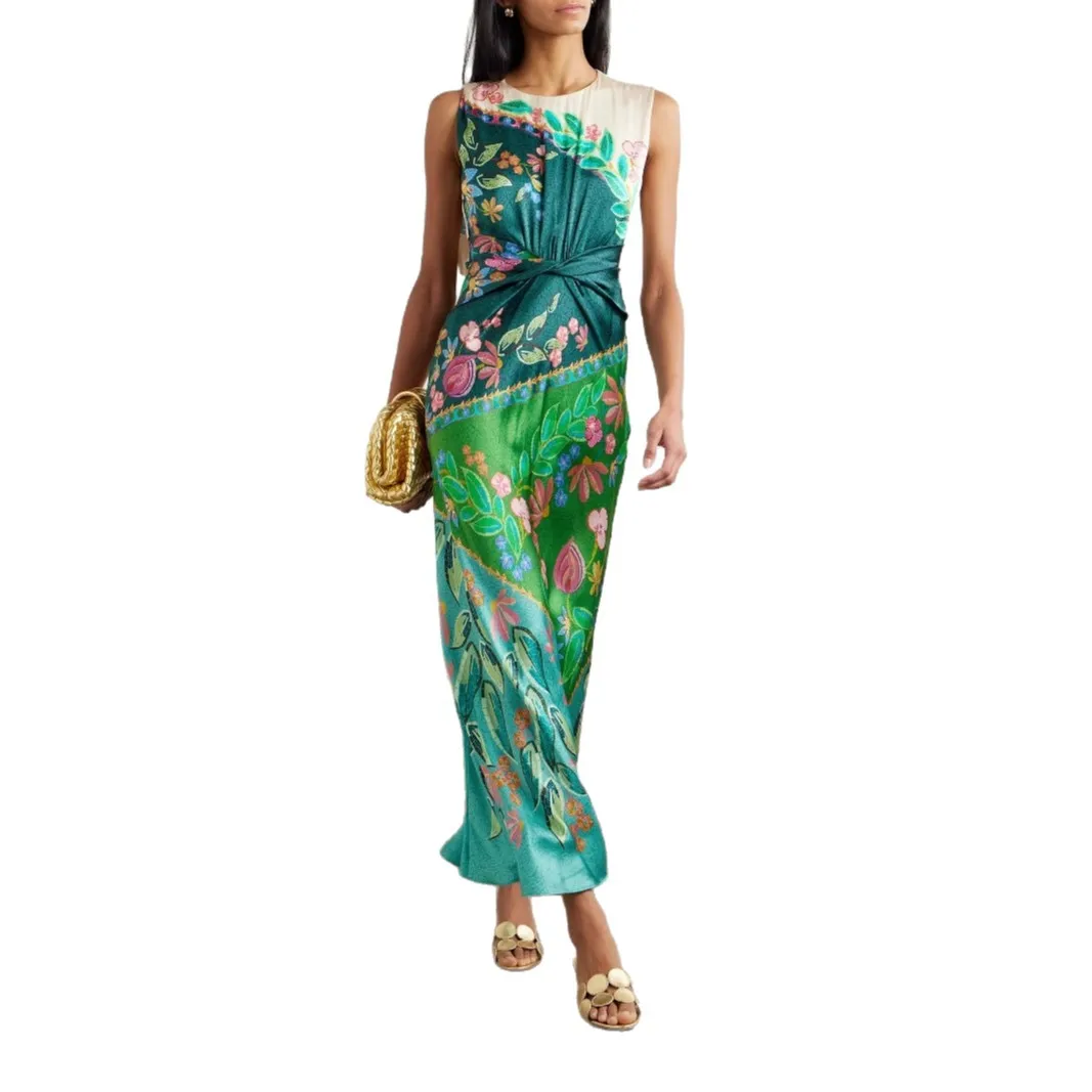 Robe Maxi élégante en Satin pour femmes, imprimé à la mode, taille enchevêtrement, sans manches, plissée, robes de soirée, été, 2025