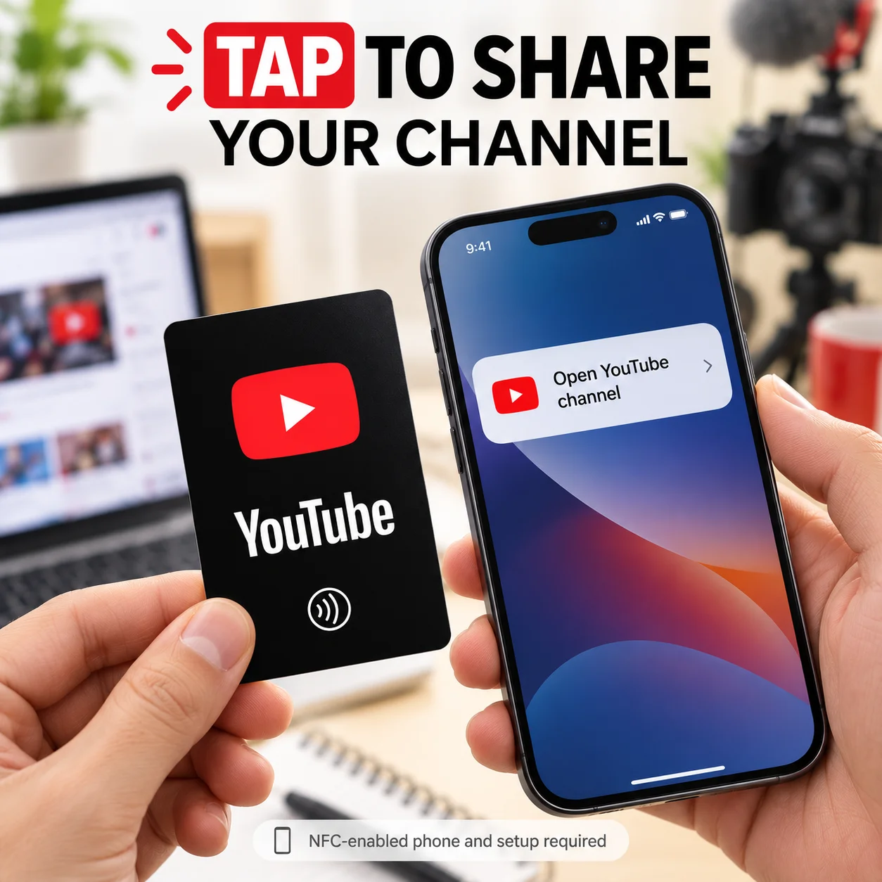 1pc NFC Social Media Card for YouTube NTAG215 Rewritable Black PVC Channel Link Sharing for Creators and Small Businesses