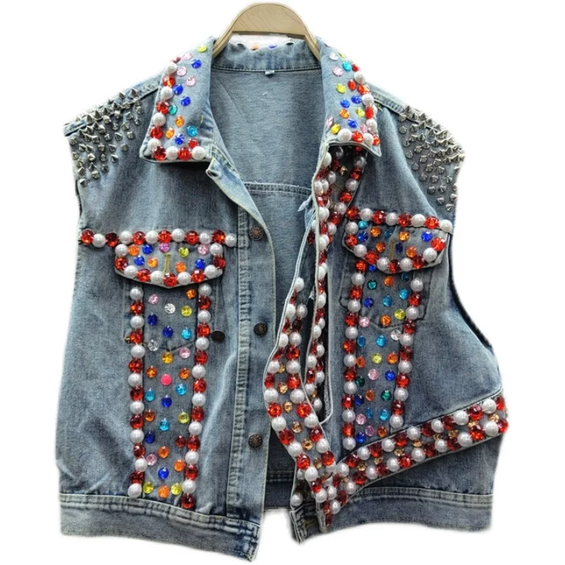 Schwerindustrie Strass Perlen Mode Jeans jacke Weste für Frauen 2023 Herbst neue lose Revers Niet ärmellose Jeans weste