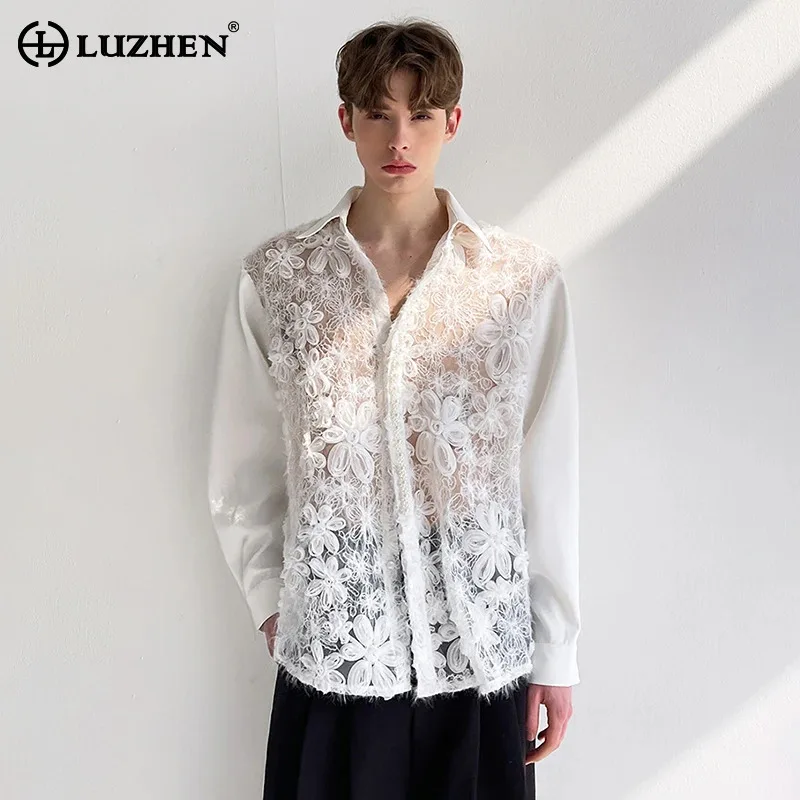 

LUZHEN Design Sleeve Original Splicing Embroidery Hollow Long Out Shirts Men's 2025 New Elegant Handsome Luxury Male Tops JY6049