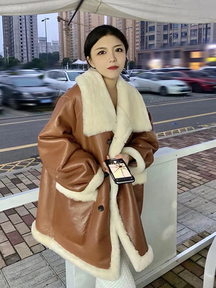 Women's Large Leather Fur One Piece PU Plush Coat Winter Thickened Insulation New Korean Version Loose Two Sided Coat