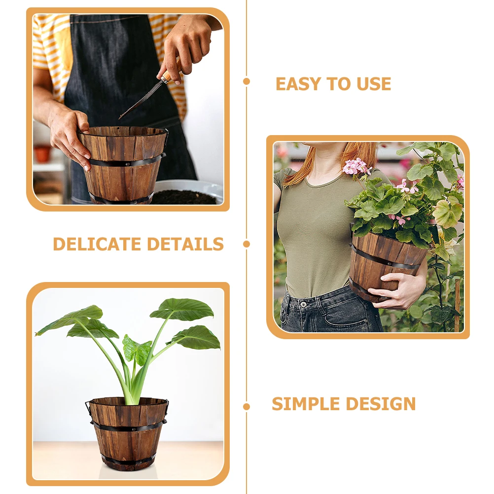 

Wooden Planter Barrel Round Flower Pot Eco Friendly Carbonized Wood Bucket for Plant Container Vegetable Planter Box