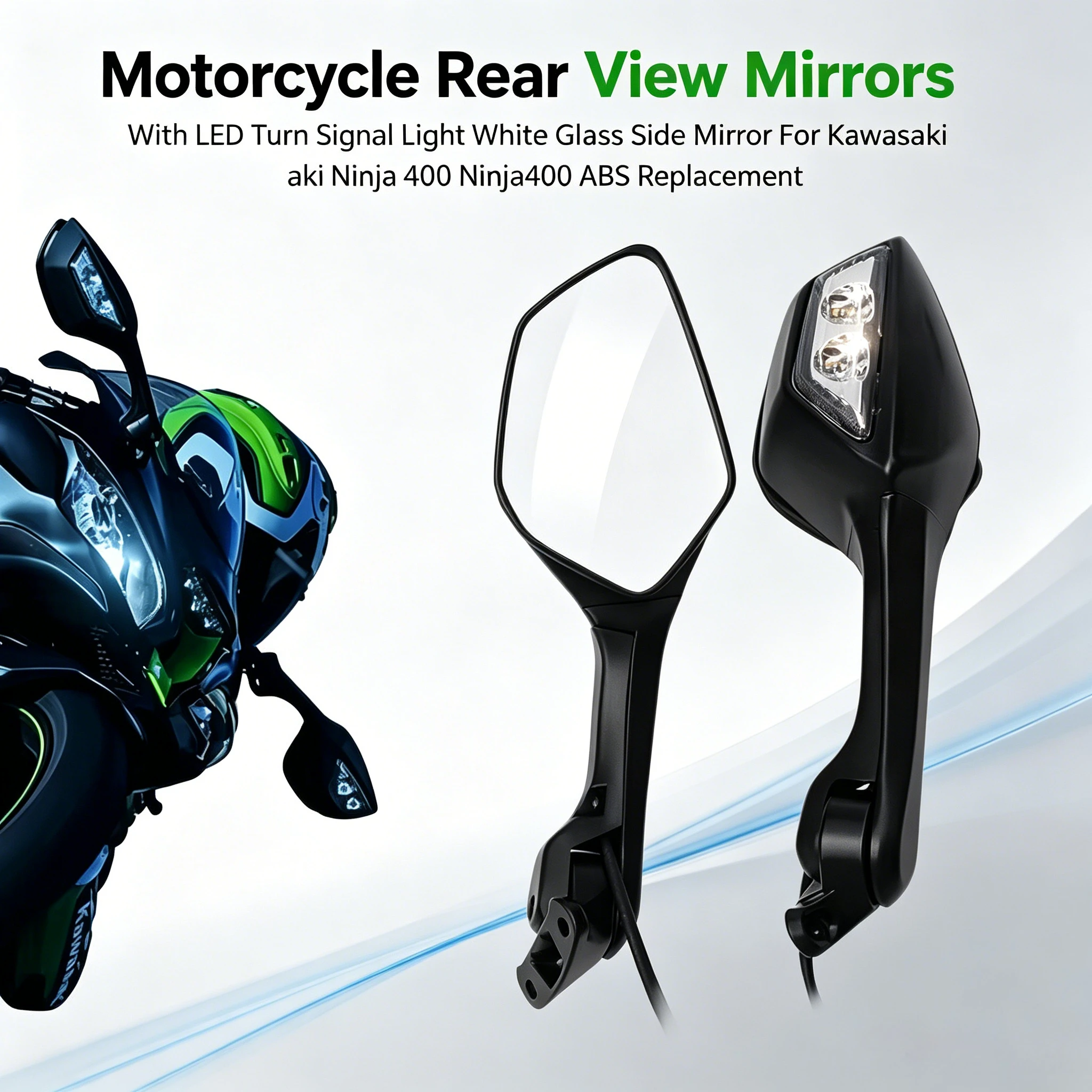 Motorcycle Rear View Mirrors With LED Turn Signal Light White Glass Side Mirror For Kawasaki Ninja 400 Ninja400 ABS Replacement