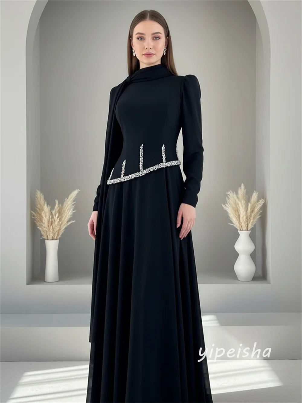 Personalizado estilo moderno Jersey formal Rhinestone plisado acanalado A-line cuello alto vestidos largos vestidos de noche tamaños disponibles