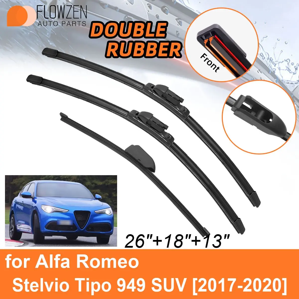 Double Rubber Car Wiper Blades for Alfa Romeo Stelvio Tipo 949 SUV 2017-2020 Front Rear Blades Accessories 2017 2018 2019 2020