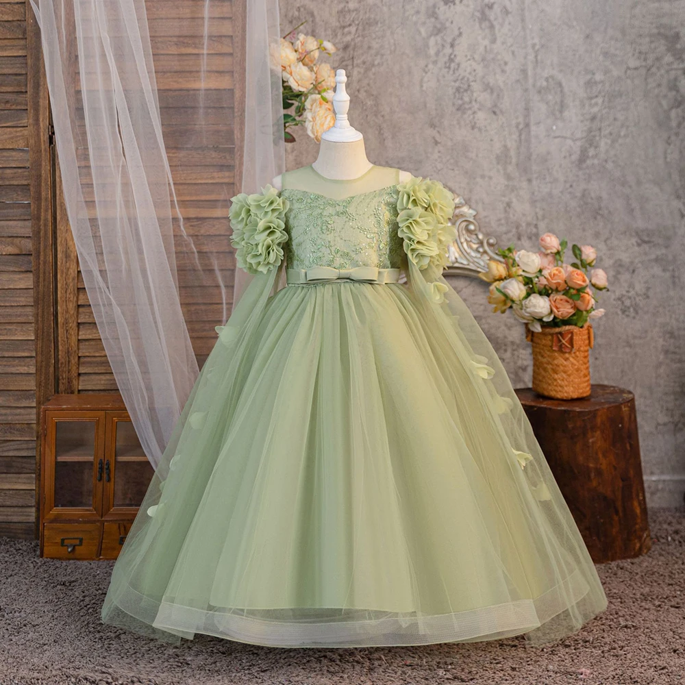 HETISO Flower Girl Dress Long Mesh Kids Ball Gown for Wedding Birthday First Communion Christmas Children's bridesmaid Prom