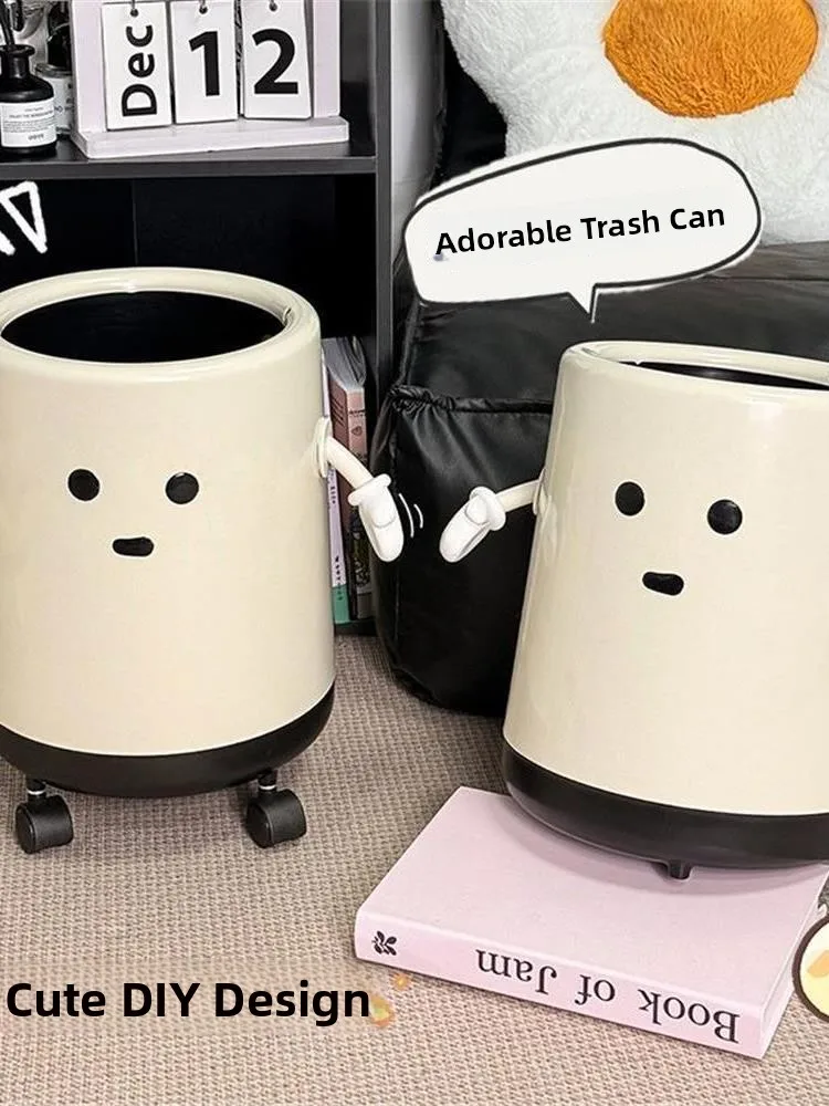 

Large Capaci Tra Can for Kitchen Bedroom Batoom with Lid Mobile Paper Basket Home Use Cute High Aesthetic Value