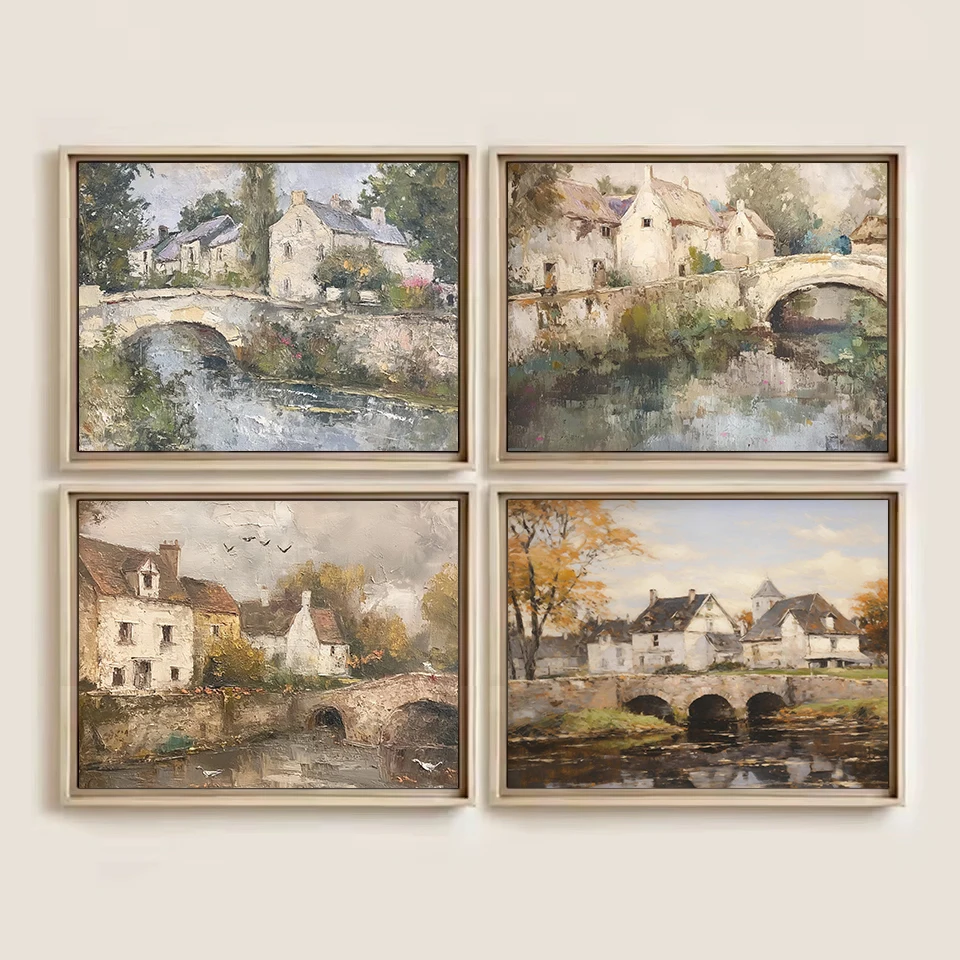 Vintage European Villa River and Bridge Country Landscape Poster Canvas Painting Wall Art Pictures Home Warm Farmhouse Decor