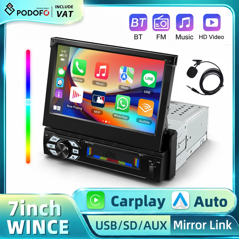 Podofo 7 Zoll Single Din MP5 Autoradio mit automatischem Teleskop-Touchscreen, kabelgebundenem Carplay, Android Auto, Mirror Link, universelles MP5-Autoradio, 7-farbige Tastenbeleuchtung,