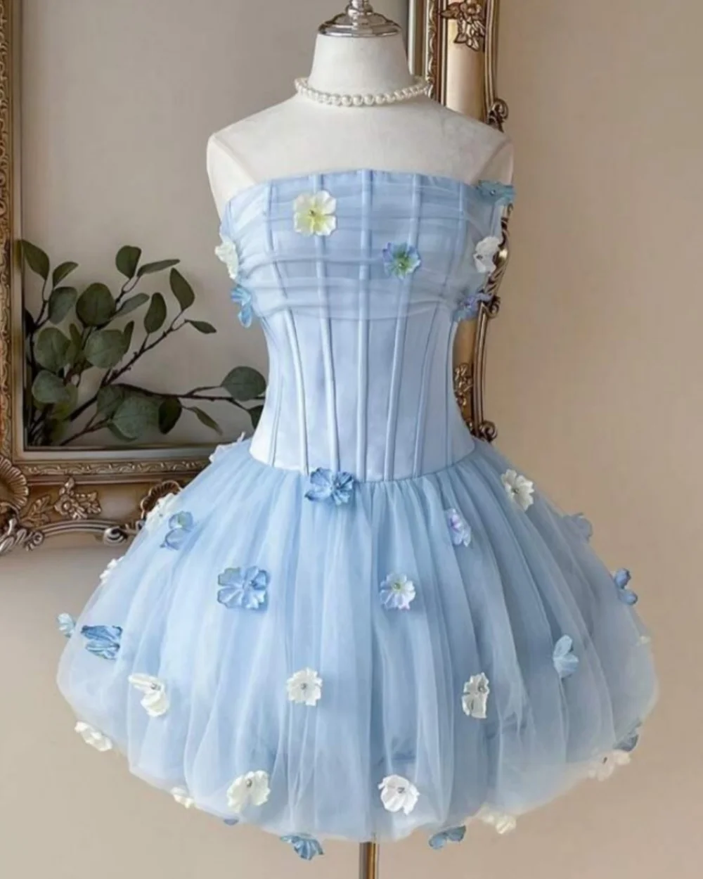 

Customized Formal Women Tulle Handmade Flower Beading A-Line Evening Dresses Fashion Strapless Sleeveless Ankle Length Dresses