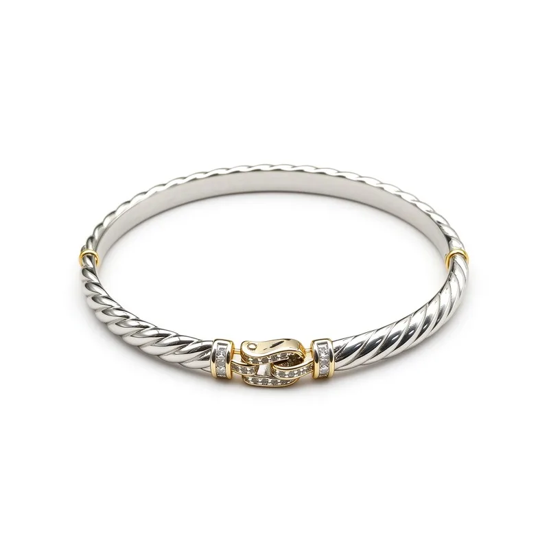 Silver Twisted Cable Bangle Bracelet, Wavy Carved Open Cuff with Gold Plated Hook Clasp and CZ Accents, 6.2mm Cable, 19cm Circumference, Lightweight, Hypoallergenic High Quality Alloy, Durable Polished, Minimalist Daily Jewelry, Gift for Her Birthday