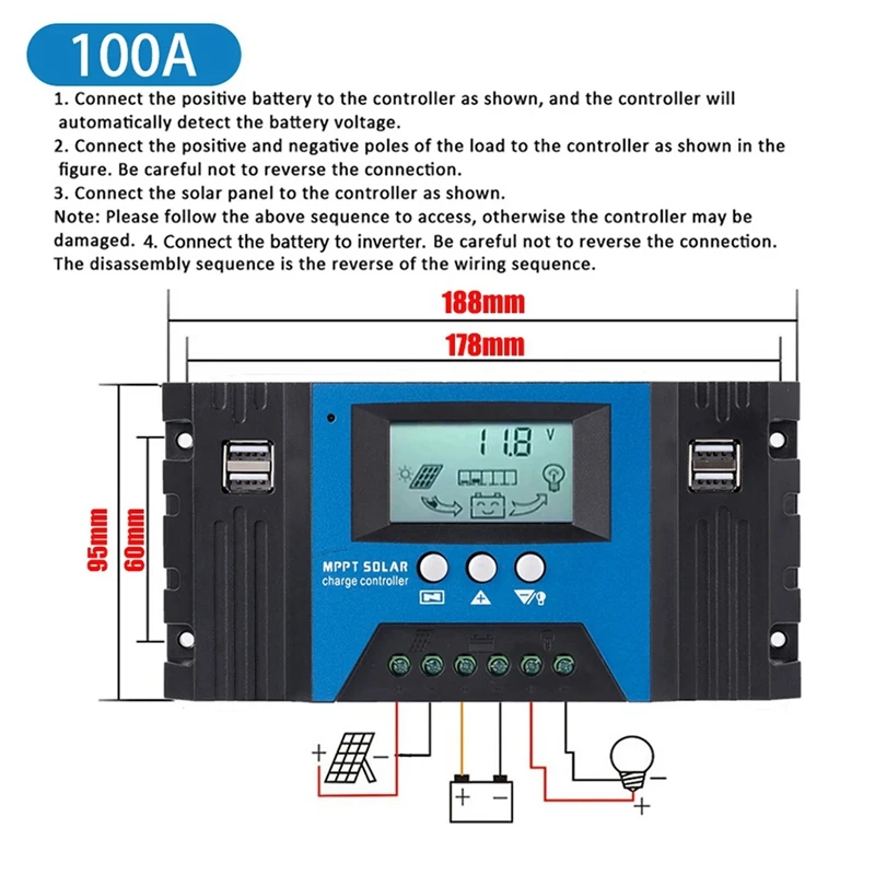 100A MPPT Solar Charge Controller Dual USB LCD Display 12V/24V Auto Solar Cell Panel Charger Regulator With Load Durable