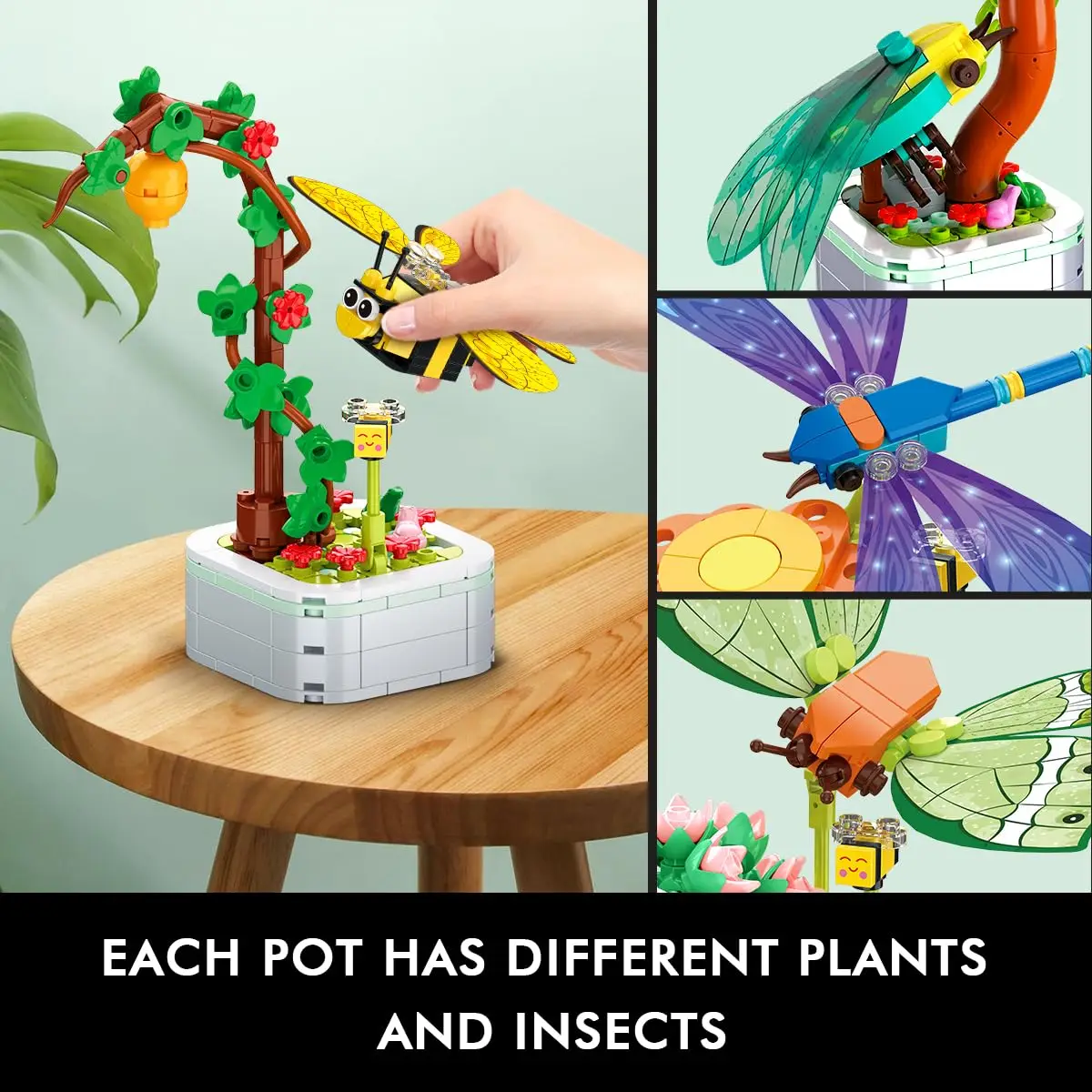 Conjunto de construcción de colección de flores de insectos, 4 estilos, 830 piezas, mariposa, Libélula, planta, modelo de exhibición, decoración del hogar, regalos para adultos y niñas