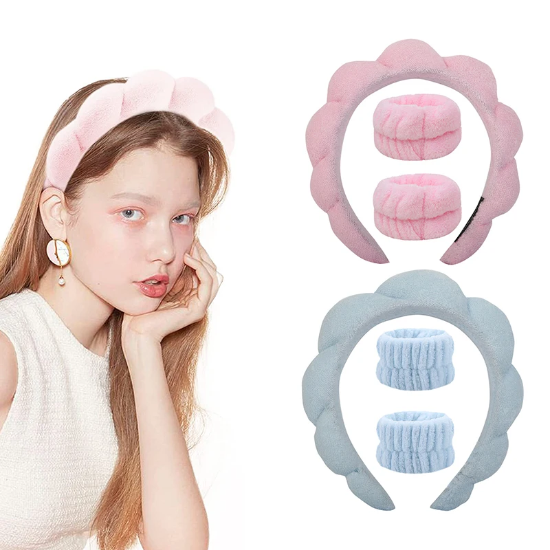 Sponge Spa Headband com pulseiras para lavar o rosto, bandana larga acolchoada, cuidados com a pele, remoção de maquiagem, chuveiro para mulheres e meninas