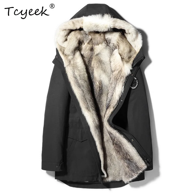 Tcyeek 本物の毛皮コート メンズ 取り外し可能な裏地付き 冬服 ミドル丈パーカー アウトドア ウルフファーコート 男性用 2025 フード付きコート