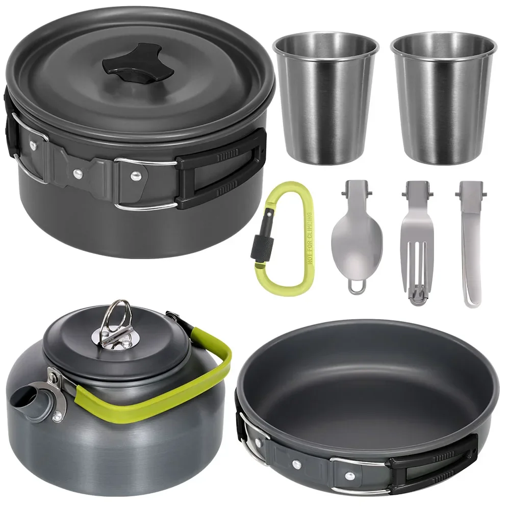 

Camping Cookware Set Lightweight Portable Pan Kettle Cup Spoon Fork Cutter Picnic Hiking Hard-anodized Aluminum Cookware Set