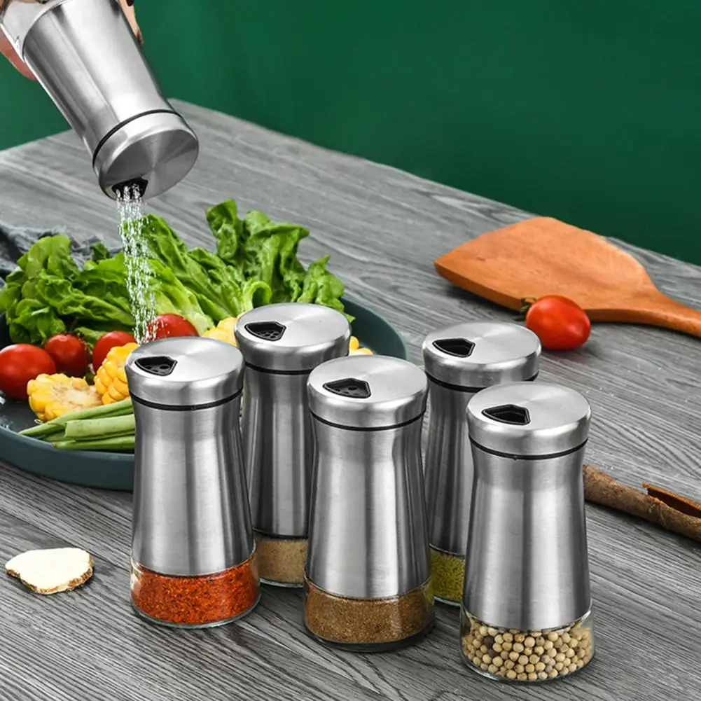 

Fine Salt Dispenser Bottle Glass Stainless Steel Salt Pepper Shakers Set with Adjustable Pour Holes Seasoning Bottle Spice