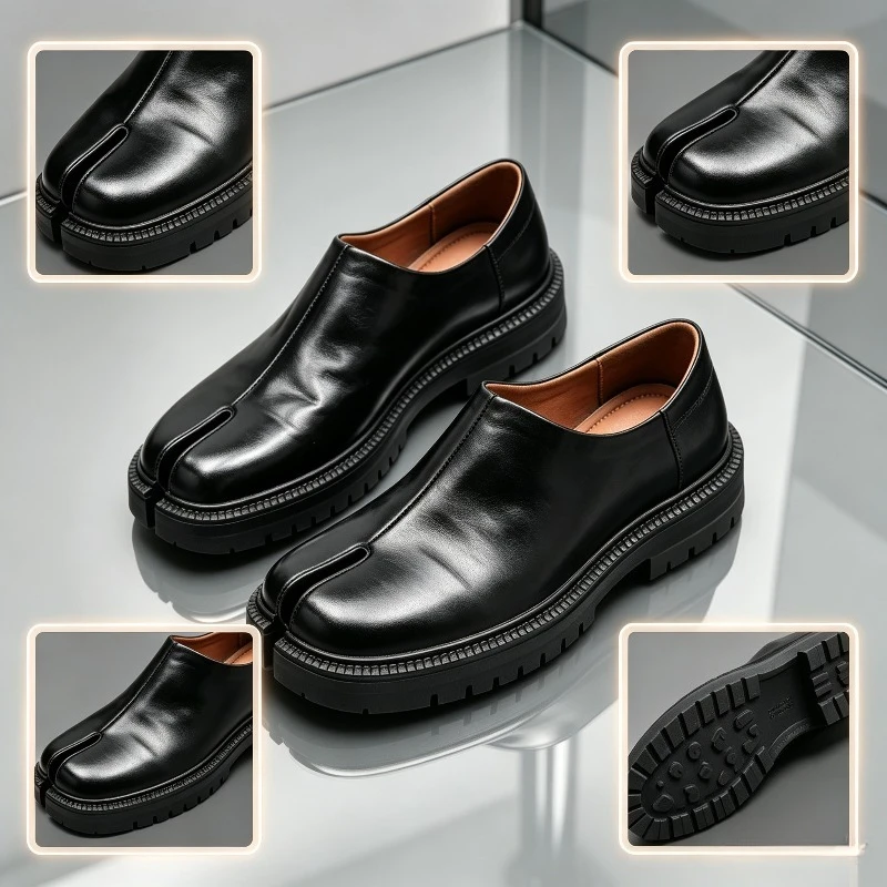 Men Split Toe Leather Loafers Slip on Thick Lug Sole Black Casual Dress Shoes Non Slip Platform Sole Fashion Street Footwear