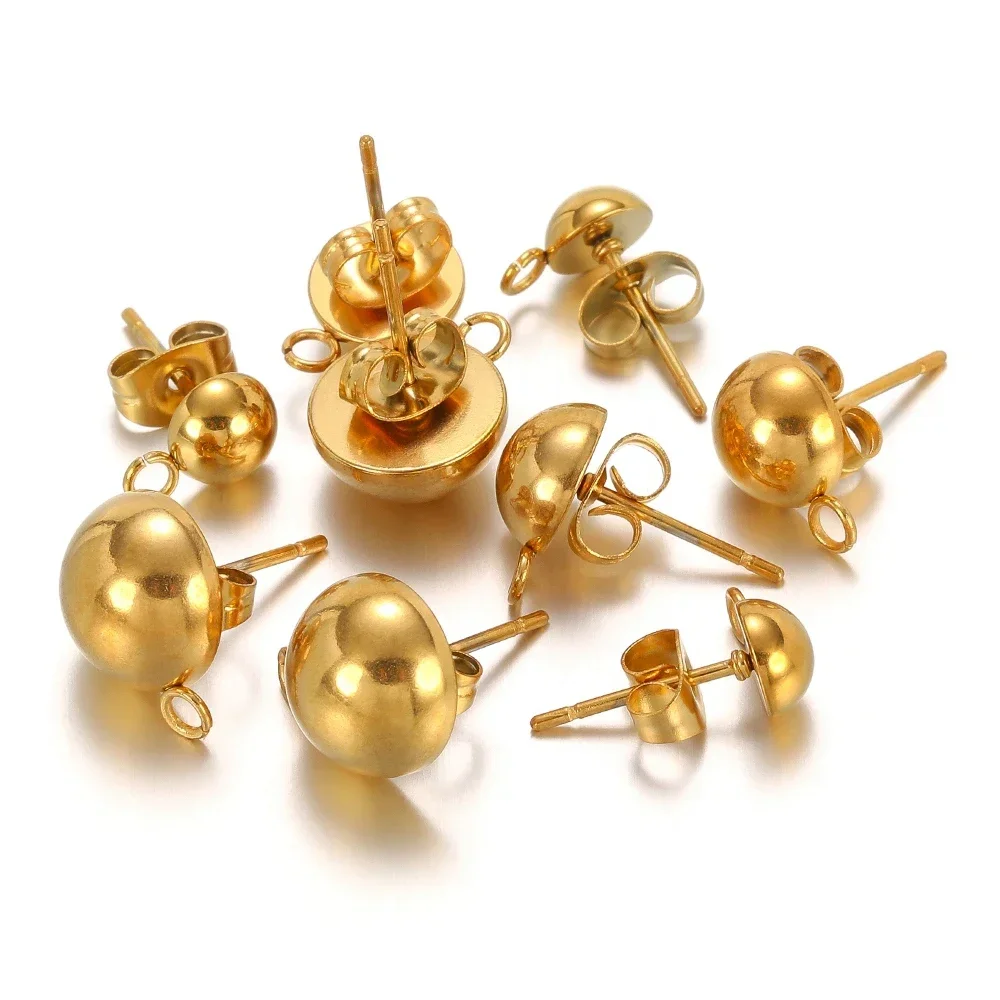 10pcs Solid Half Ball Earrings Stainless Steel 6/8/10mm Gold Color Stud Earrings Base with Open Ring for Earring Making Supplies