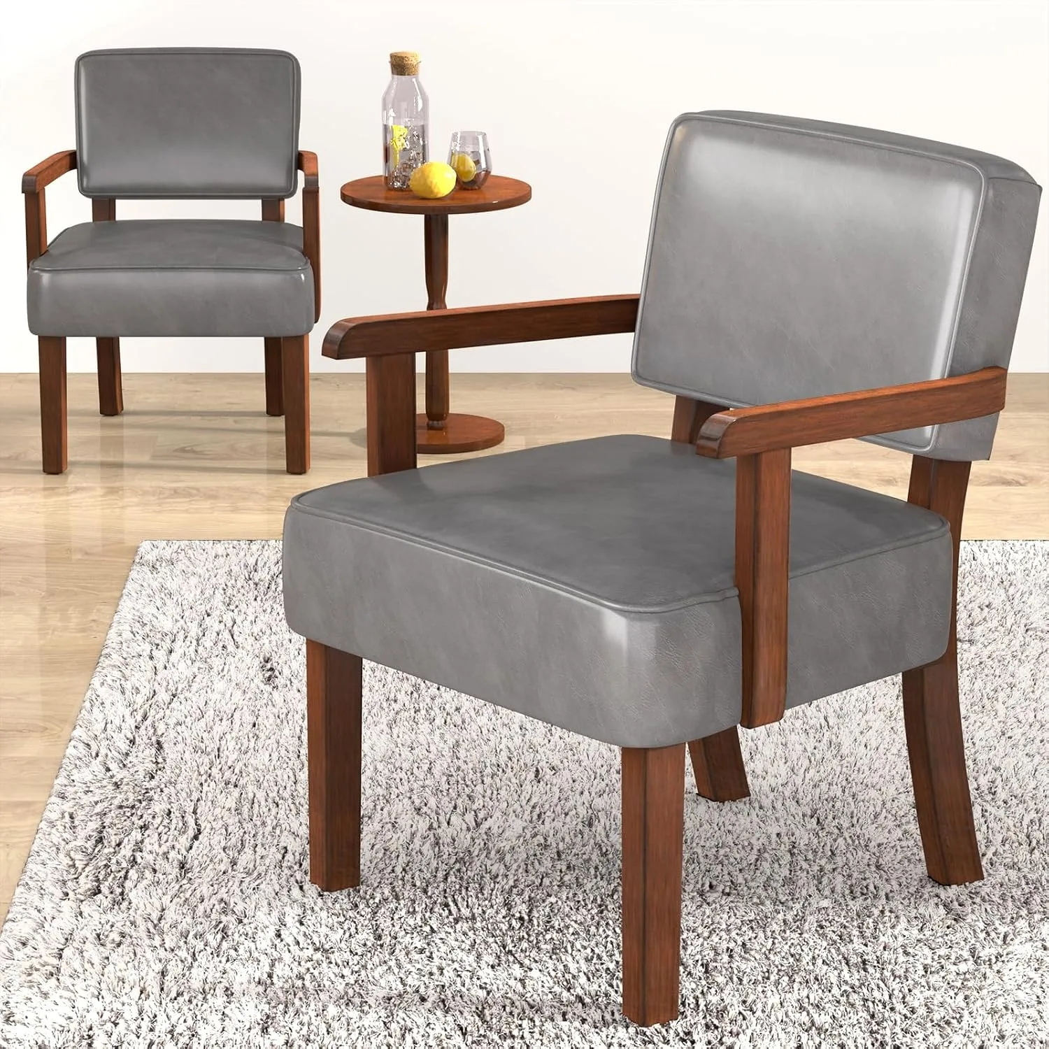 Accent Chairs Set of 2, 2 Solid Wood Armchairs with Side Table