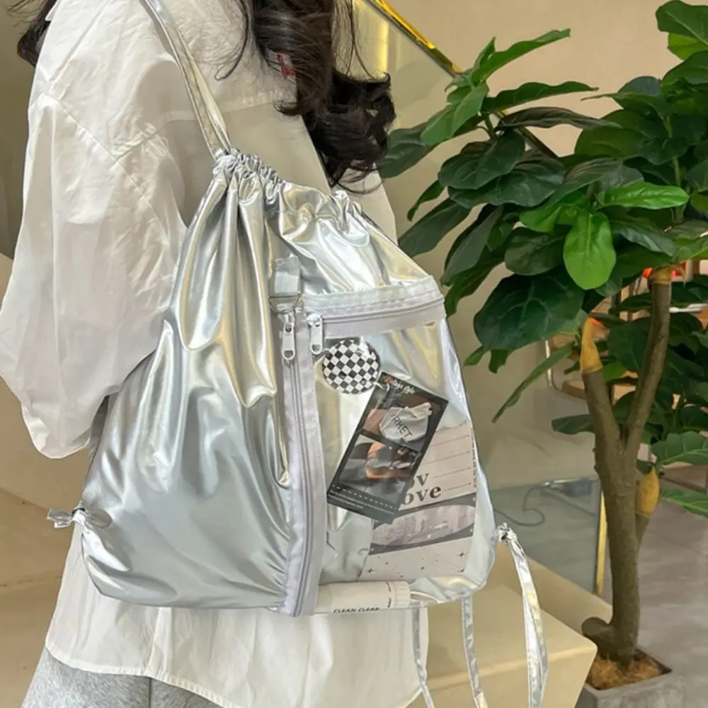 

Transparent Pocket Drawstring Backpack Large Capacity Silver PU Korean Style Itabag Fashion Design Lightweight Shoulder Bag