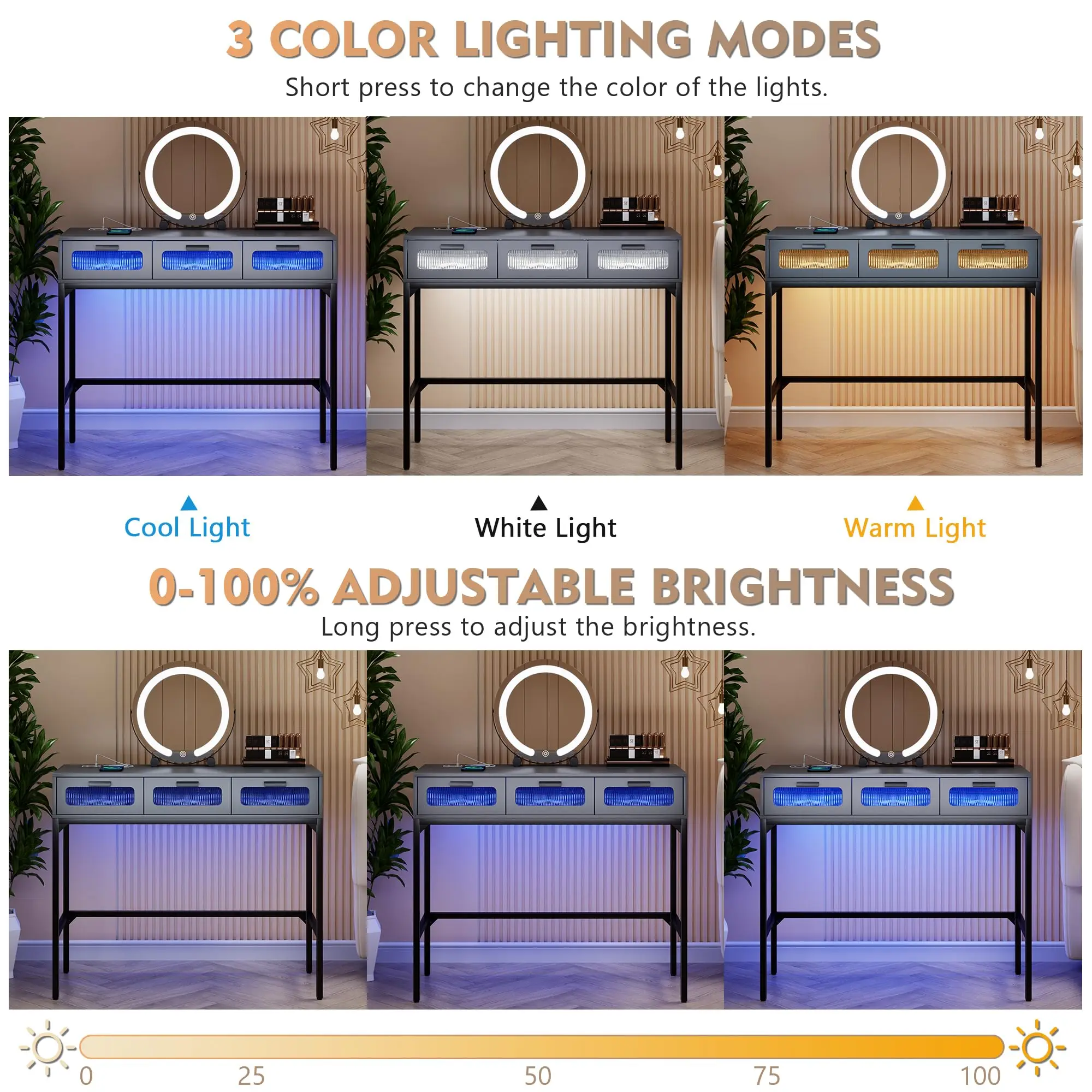 3 in 1 Desk with Lights and Mirror,LED Makeup Set with 2 AC Outlets & USB-C,Tall Dring Table with -up Mirror,lry