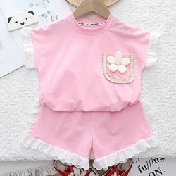 Set di vestiti estivi per neonata top a maniche corte in pizzo floreale + pantalone corto 2 pezzi vestito da ragazza tuta Casual per bambini vestito per bambini A1196