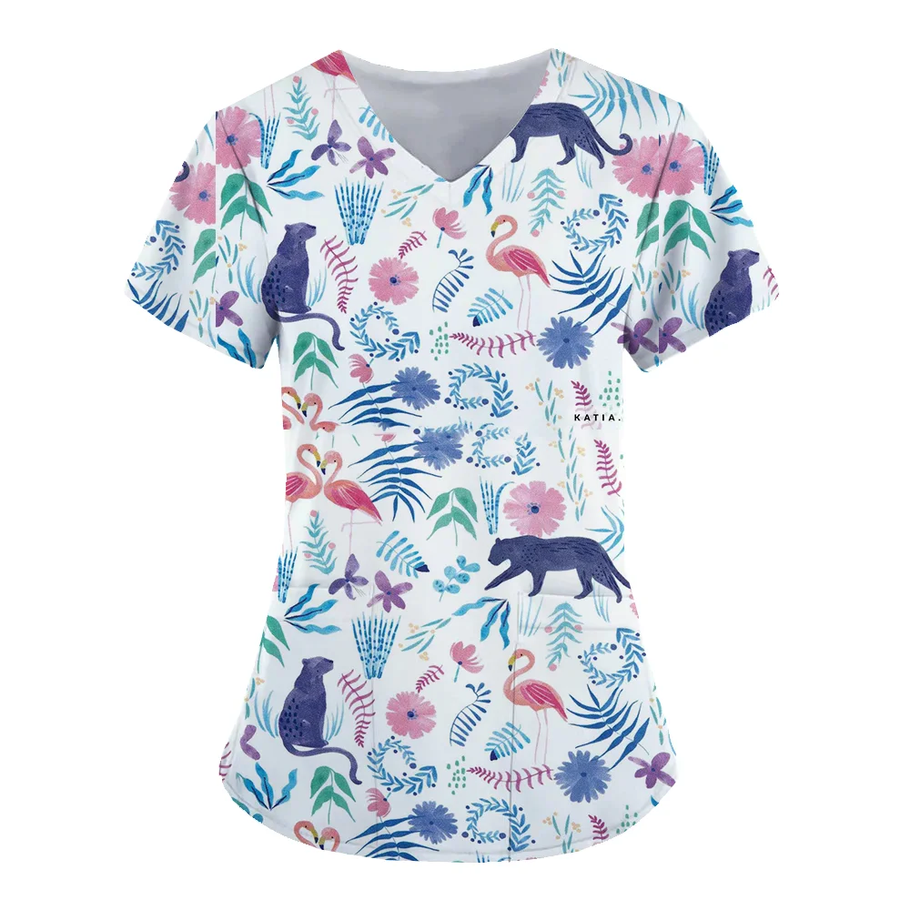 Women\'s T-shirts V-Neck Working Uniform for Women Cute dinosaur 3D Print Tops Cute Animal Nurse Uniform Blouse Pocket Workwear