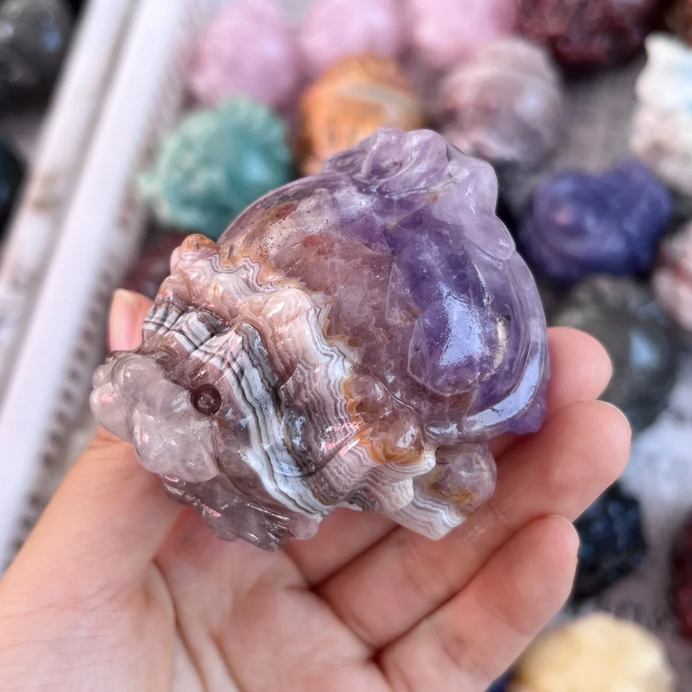 Natural Amethyst Agate Carved Pixiu Dragon Turtle Figurine Energy Healing Crystal Animal Statue Home Decoration Holiday Gift 1PC