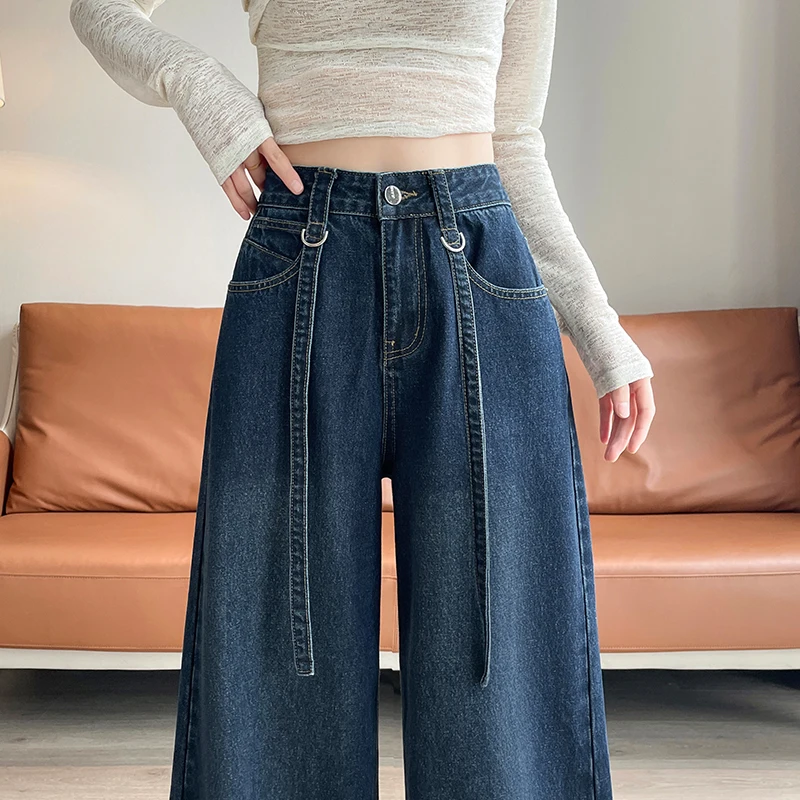 Jeans a gamba larga a vita alta foderati in Fce blu intenso, taglio dritto, vestibilità ampia, pantaloni lunghi fino al pavimento, bootcut casual da donna