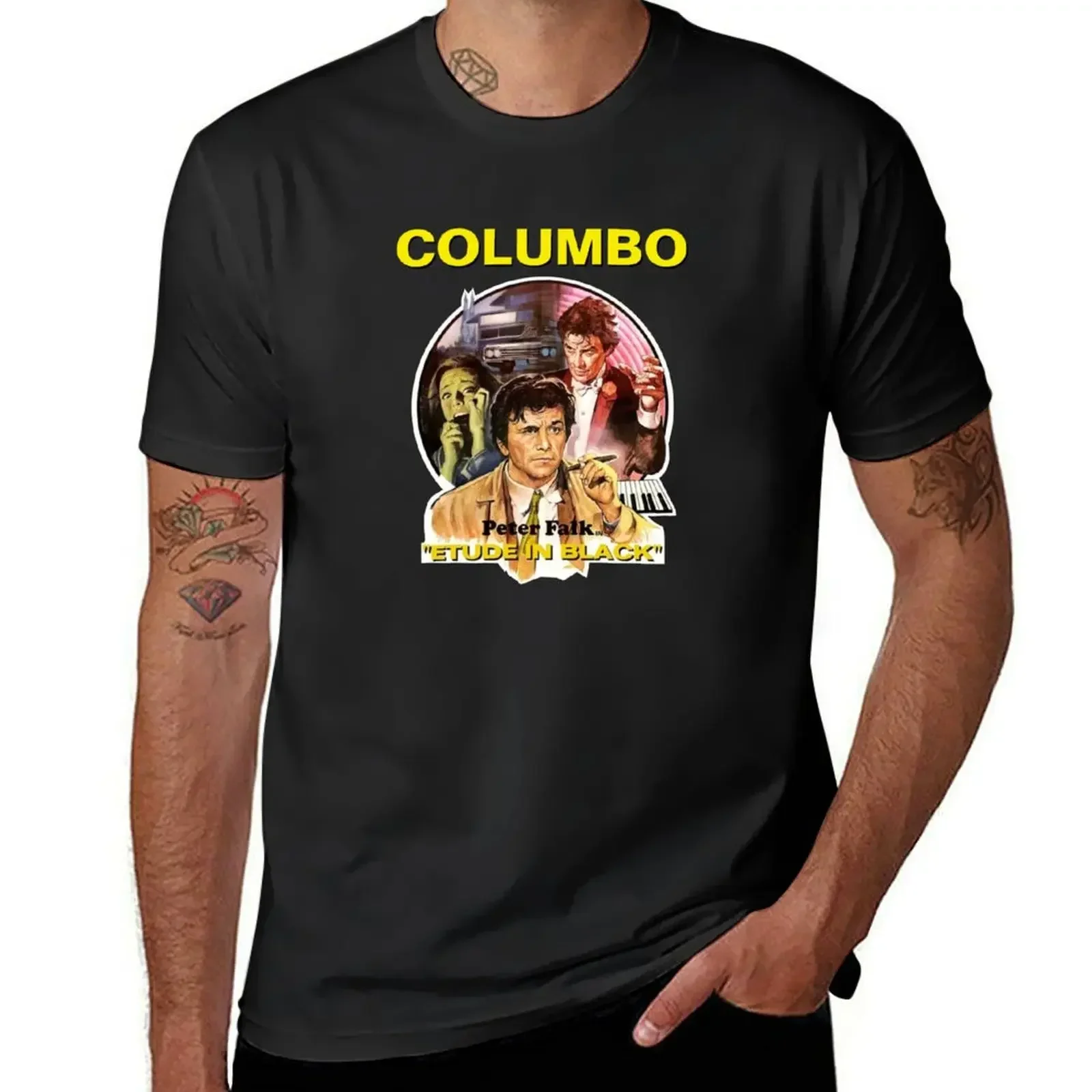 COLUMBO Vintage style Etude in Black print T-Shirt blue archive blacks oversized t shirts for men